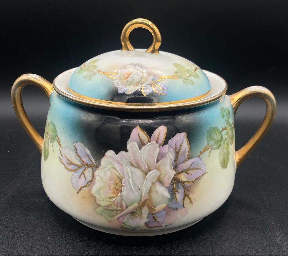 Antique German Porcelain Covered Sugar Bowl Hand Painted Floral Gilt c.1900